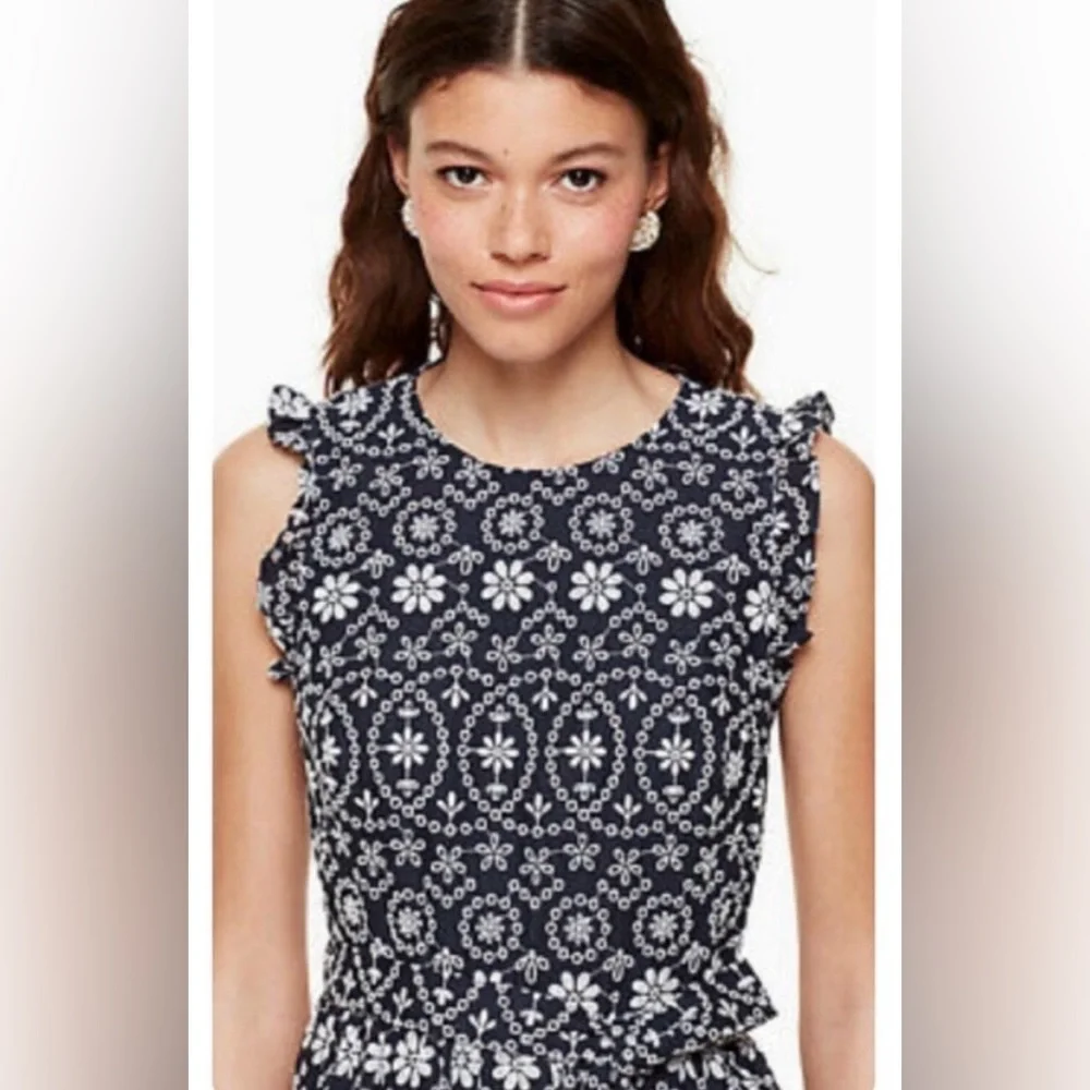 Kate Spade New York Sleeveless Shore Thing Eyelet Dress in Rich Navy/Fresh White